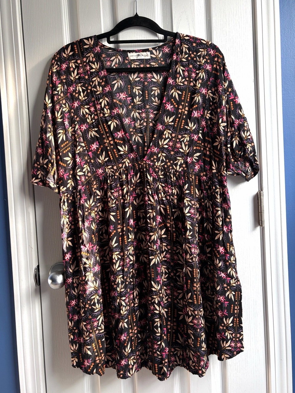 Natural Life Stella Mini Dress Size L/XL Tunic Floral Babydoll Black Pink